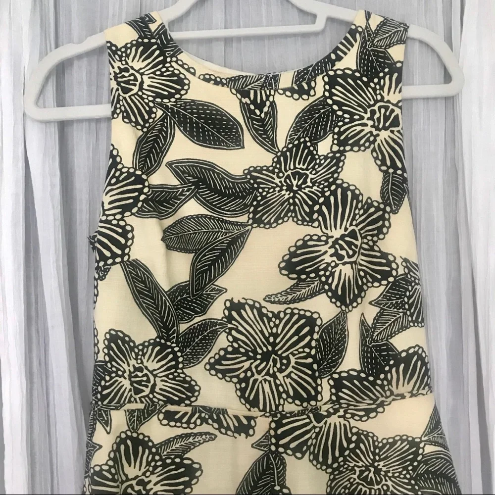 J. Crew Black and Cream Floral Sleeveless Fit-and-Flare Dress Size 2